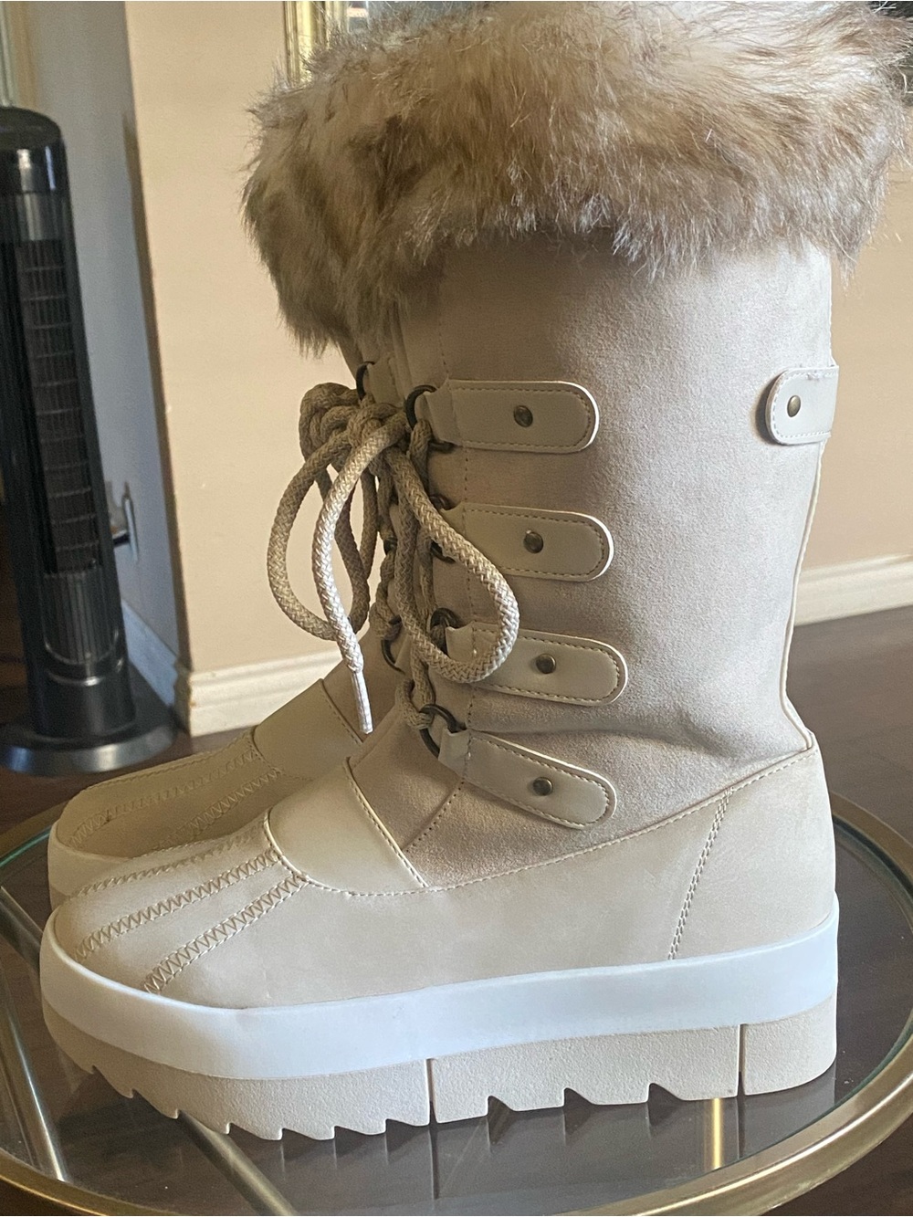 JustFab Beige Faux Fur Lace-Up Winter Boots